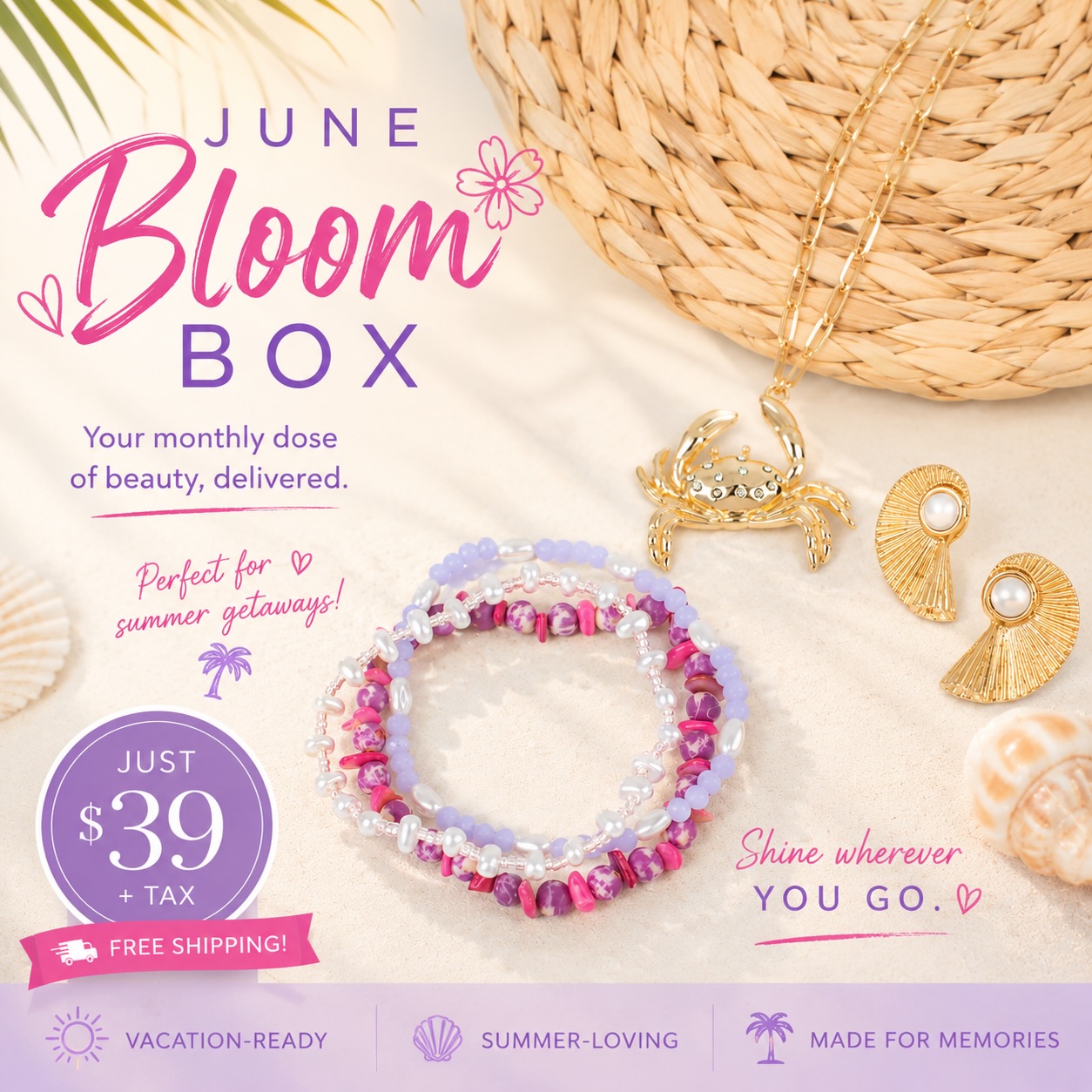 ☀️🐚 Your Summer Escape Is Here! 🐚☀️

Picture this: salty air, sandy toes, a beach bag over your shoulder, and the perfect accessories to complete the look. 🌊✨

This month’s Bloom Box was made for sunshine-filled days and vacation memories. Featuring:

🦀 A statement crab pendant necklace with coastal charm
💜 Layered pink and lavender stretch bracelets inspired by summer sunsets
✨ Elegant gold-tone earrings that effortlessly take you from beach day to dinner by the water

The best part? You get the entire set for just $39 + tax with FREE shipping!

Whether you’re heading to the beach, cruising on vacation, or simply bringing vacation vibes to your everyday style, this limited-edition Bloom Box is the perfect way to refresh your summer jewelry collection without breaking the budget.

🌴 Affordable.
🌴 Trendy.
🌴 Ready for every summer adventure.

Comment BLOOM or send me a message to grab yours before they’re gone! 💌

 #SummerJewelry #VacationStyle #BeachVibes #AffordableFashion #coastalstyle
