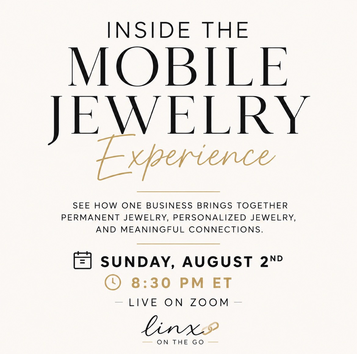 ✨ You’re invited…

If you’ve ever wondered what I actually do, this is for you.

For years, many people have known me for permanent jewelry. But my business has grown into so much more than that.

I’d love to invite you Inside the Mobile Jewelry Experience—a relaxed, behind-the-scenes look at how I’ve built a business that combines permanent jewelry, personalized jewelry, fashion jewelry, pop-up events, collaborations, and community.

This isn’t a sales presentation or a high-pressure opportunity meeting. It’s simply an honest look at what a modern mobile jewelry business really looks like.

Whether you’re curious about the jewelry, wondering how the business works, or just enjoy seeing the behind-the-scenes of a small business, I’d love to have you join me.

🗓 Sunday, August 2
🕣 8:30 PM ET
💻 Live on Zoom

Comment INSIDE below or send me a message, and I’ll send you the Zoom link.

I can’t wait to show you what we’ve been building. 💛