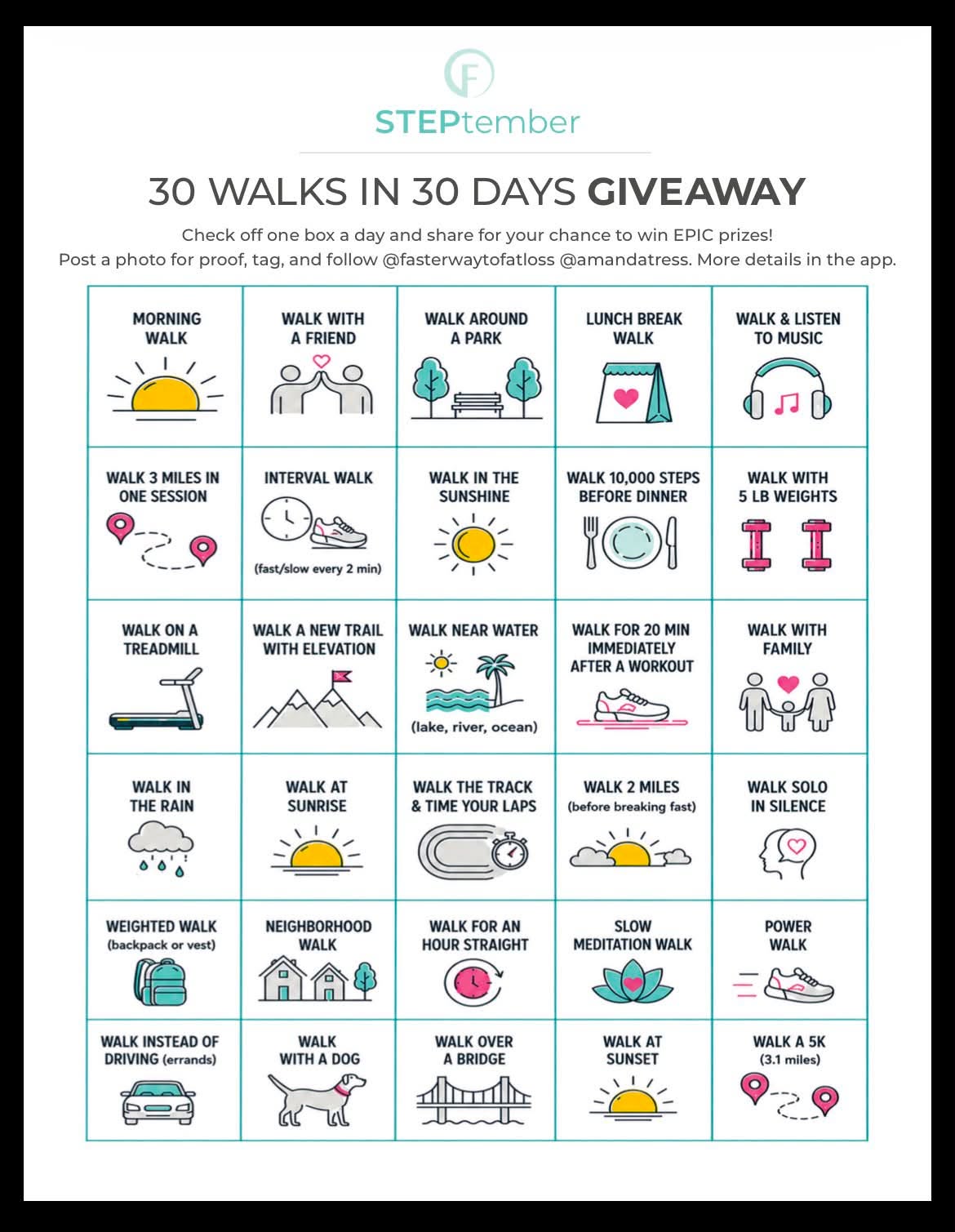 Would anyone like to be accountability buddies for STEPtember? My fitness program is having a fun contest this month, 30 walks in 30 days. But I figured even if you’re not a part of the program, walking buddies are fun!

Let me know. 🙂