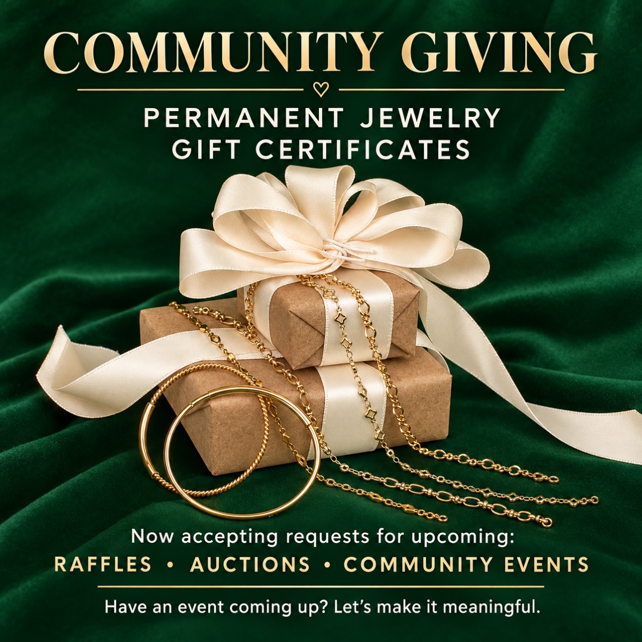 ✨ HELPING MAKE A DIFFERENCE, ONE PIECE OF JEWELRY AT A TIME! ✨

Do you have an upcoming raffle, basket auction, fundraiser, or community event that could use a little extra something special?

I’m now accepting requests for Linx on the Go permanent jewelry gift certificates to be included in upcoming events!

Whether you’re supporting a school, sports team, local nonprofit, or an organization close to your heart, I love finding ways to give back to the communities that support my small business. 💛

If you’re organizing an event and would like to request a gift certificate, send me a message with the details!

Let’s make a difference together, one link at a time.